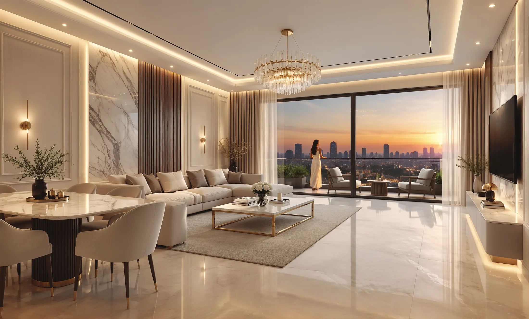 Expansive living and dining space with a sunset view